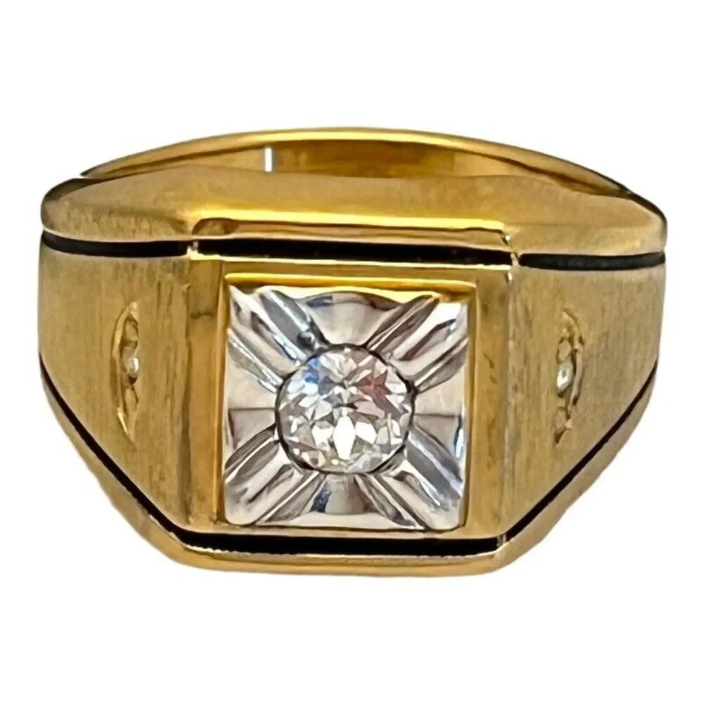 Vintage 1970s Ring Size 9 Uncas CZ Square Bezel Textured Gold Plated - 14O